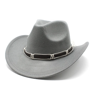 Gray felt cowboy hat with white woven rope decorative band and classic wide brim