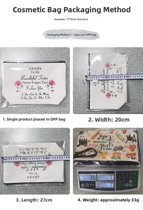 Detailed view of the linen makeup bag showing 27cm by 20cm dimensions and 33g weight