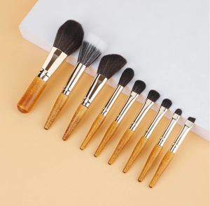 Detail of 10 professional makeup brushes with natural wood handles and gold metal ferrules
