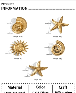 Detailed view of gold PVD plated starfish and seashell charms with size measurements