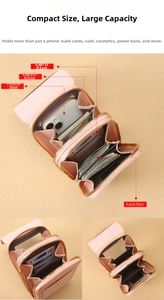 Detailed interior of pink touch screen phone bag with card slots and zipper compartments