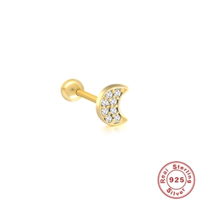 Close-up of gold moon stud earring in 925 sterling silver with sparkling diamonds