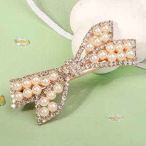 Pince à Cheveux Coréenne Nœud en Métal Doré Élégante Pince à Bec de Canard avec Strass et Künstliche Perles d'Imitation Femme