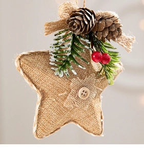 Detailed macro view of linen star ornament with natural pinecones and festive pine needles