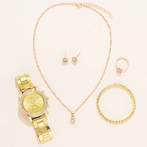 Detailed set of gold-toned quartz watch, necklace, earrings, ring, and tennis bracelet