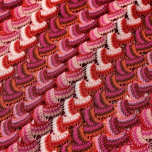 Detailed macro view of the colorful crochet wave knit pattern for a beach vacation dress