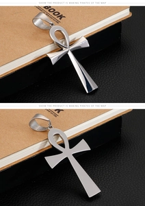 Polished silver Ankh cross pendant with stainless steel finish and wide clasp detail