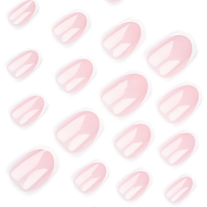 Short oval french tip press-on nails in nude pink with a high-gloss finish on white background