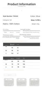 Size chart for blue 100% cotton set including measurements for top and fishtail skirt