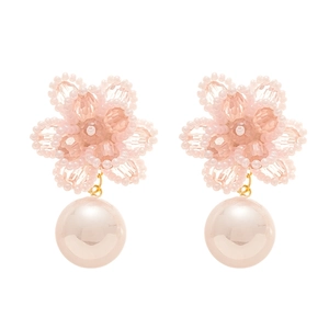 Pink beaded flower earrings with large faux pearl drops on a clean white background
