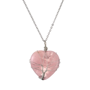 Collana con cuore di cristallo rosa e ciondolo albero della vita in filo d'argento lucido