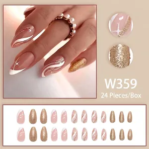Almond press-on nails with French glitter waves and nude pink design, 24 piece set