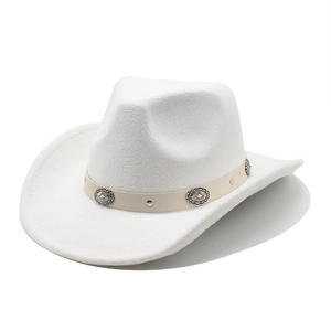 Detailed side view of white western cowboy hat featuring vintage silver floral buckles