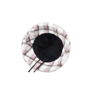 Detail of checkered faux fur bucket hat with internal black lining and adjustable drawstring