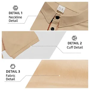 Men's khaki short sleeve Henley polo shirt with buttoned collar and detailed fabric texture
