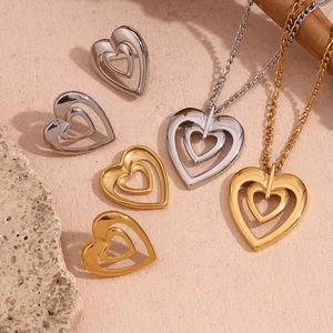 Stainless Steel Double Layer Hollow Heart Necklace And Earrings 18K Gold Plated Minimalist Geometric Jewelry For Women