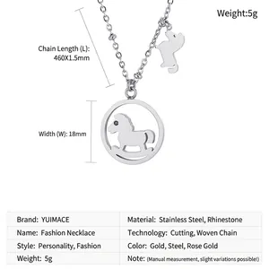 Detail of stainless steel necklace with hollow pony pendant and sparkling rhinestones