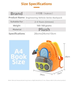 Size chart showing plush construction vehicle backpack dimensions for 2-4 year olds