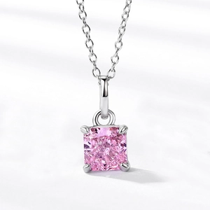 Elegant S925 sterling silver necklace with pink square ice-cut carbon diamond pendant