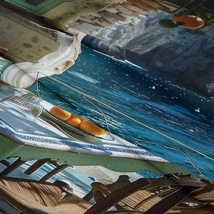 Detailed close-up showing the fine twill texture and Mediterranean landscape print on fabric