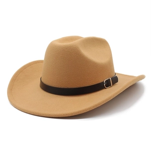 Classic camel wool felt fedora hat with a black leather buckle band on white background