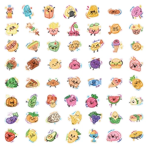 63-piece set of cartoon food stickers featuring cute hand-drawn emojis and snacks