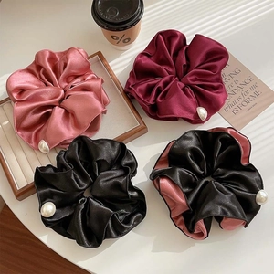 Satin Scrunchie With Faux Artificial Pearl Elegant Pleated Hair Tie Elastic Ponytail Holder French Style Accessories Women