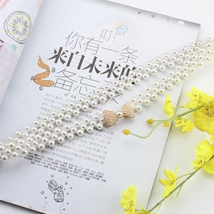 Elastic pearl waist belt with gold rhinestone bow buckle for elegant dresses