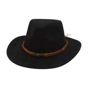 Chapeau de cowboy western noir en daim avec ruban en cuir marron et boucle en métal antique
