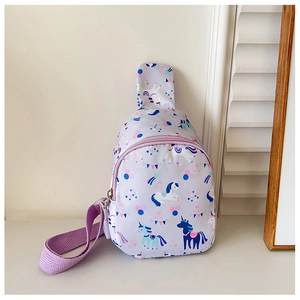Detail of a purple kids' unicorn crossbody bag with durable nylon and starry patterns