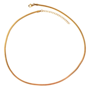 Polished gold stainless steel snake chain necklace with lobster clasp on white background