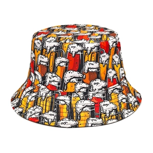 Vintage bucket hat with orange beer mugs print for summer sun protection and casual wear