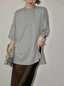 Women Oversized T-Shirt Round Neck Cotton Sorona Batwing Sleeve Side Split Plain Casual Loose