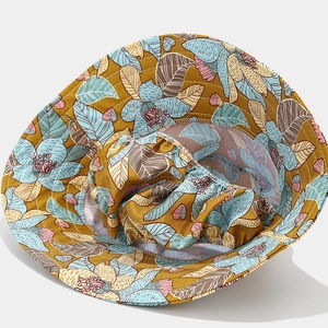 Floral outdoor sun hat with wide brim and adjustable inner cord in vintage yellow