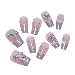 Cat eye press-on nails with purple gradient, golden polka dots and 3D silver butterfly charms