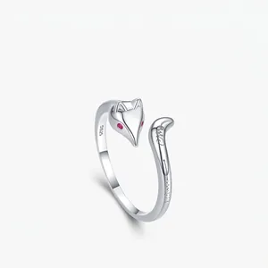 Anello Aperto Volpe in Argento Sterling 925 Minimalista Occhi in Zirconia Rossa Anello Regolabile Animale Regalo Gioielli Donna
