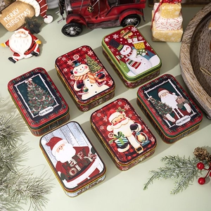 Christmas tin box with festive Santa and Snowman prints for holiday gift packaging