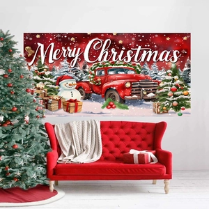 Christmas backdrop with vintage red truck, snowman and Merry Christmas text on wooden wall