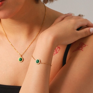 French vintage stainless steel jewelry set with green malachite necklace and bracelet