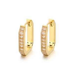 Geometric gold stainless steel U-shaped earrings with rectangular zircon accents