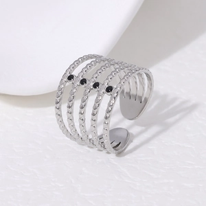 Minimalist 18K silver plated stainless steel open ring with 5-layer bead design
