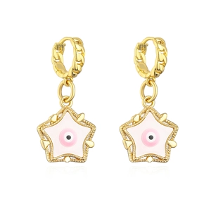 18K gold plated hoop earrings featuring pink star pendants with eye motif on white background