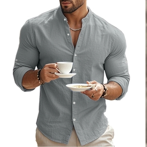 Detail view of men's slim fit grey mandarin collar cotton shirt with buttoned sleeves