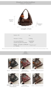 Size chart for oil wax PU leather shoulder bag showing 31x34x12cm dimensions and weights
