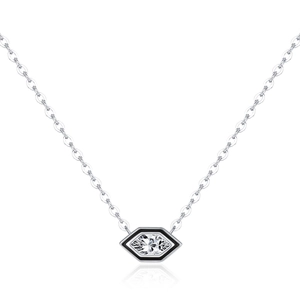 Geometric s925 silver hexagonal necklace with black enamel frame and center gemstone
