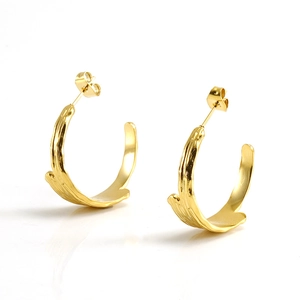 18K gold plated stainless steel C-shape earrings with organic textured molten design