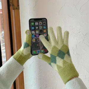 Ins style warm knit touch screen gloves with green and yellow argyle pattern for women