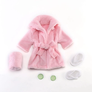Newborn photography prop set with pink plush bathrobe, matching towel and white slippers