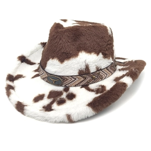Detail of cow print western hat with plush faux fur texture and vintage bull logo