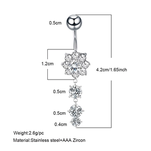 Silver stainless steel belly ring with flower and zircon charms in a professional studio shot